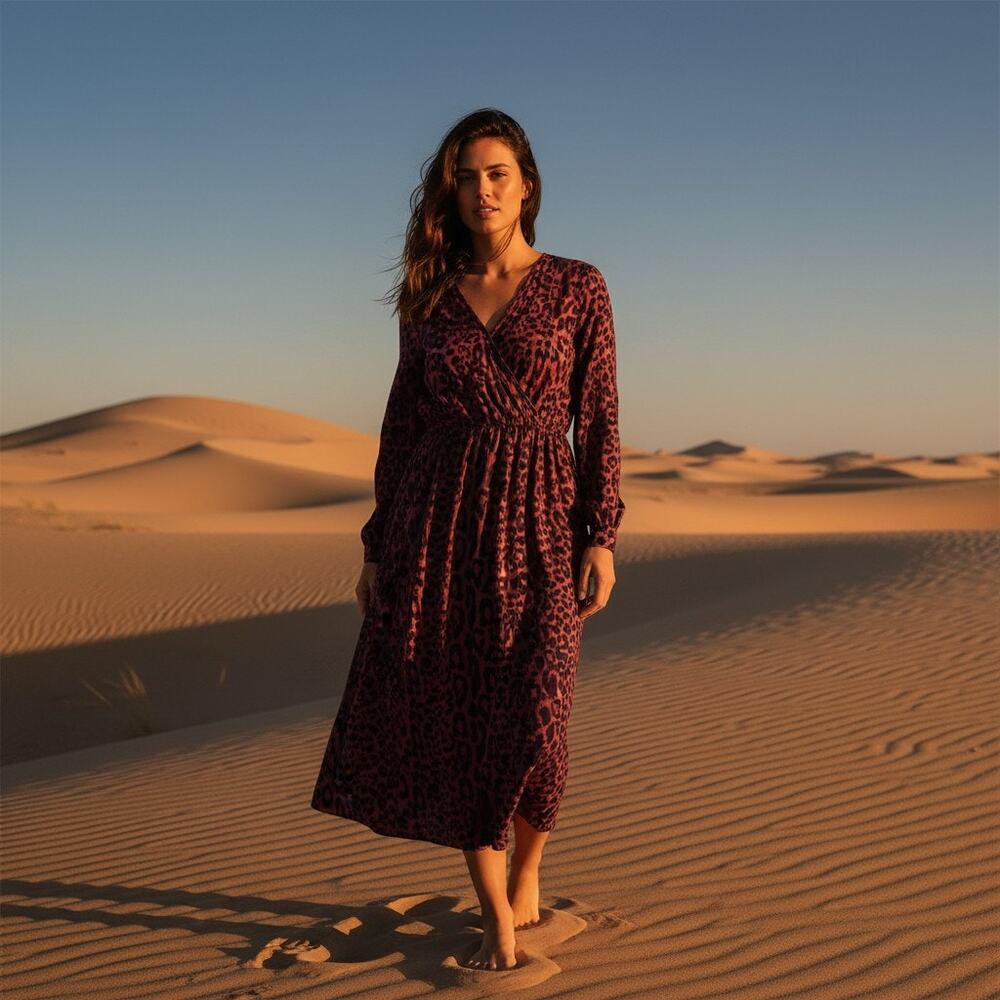 Zara Leopard Print Midi Dress Burgundy Black Deep V Long Sleeve XL